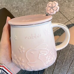 Japanese Ceramic Mug with Lid and Spoon, Household Mug for Women, Office Water Cup, Couple's Coffee, Breakfast Milk