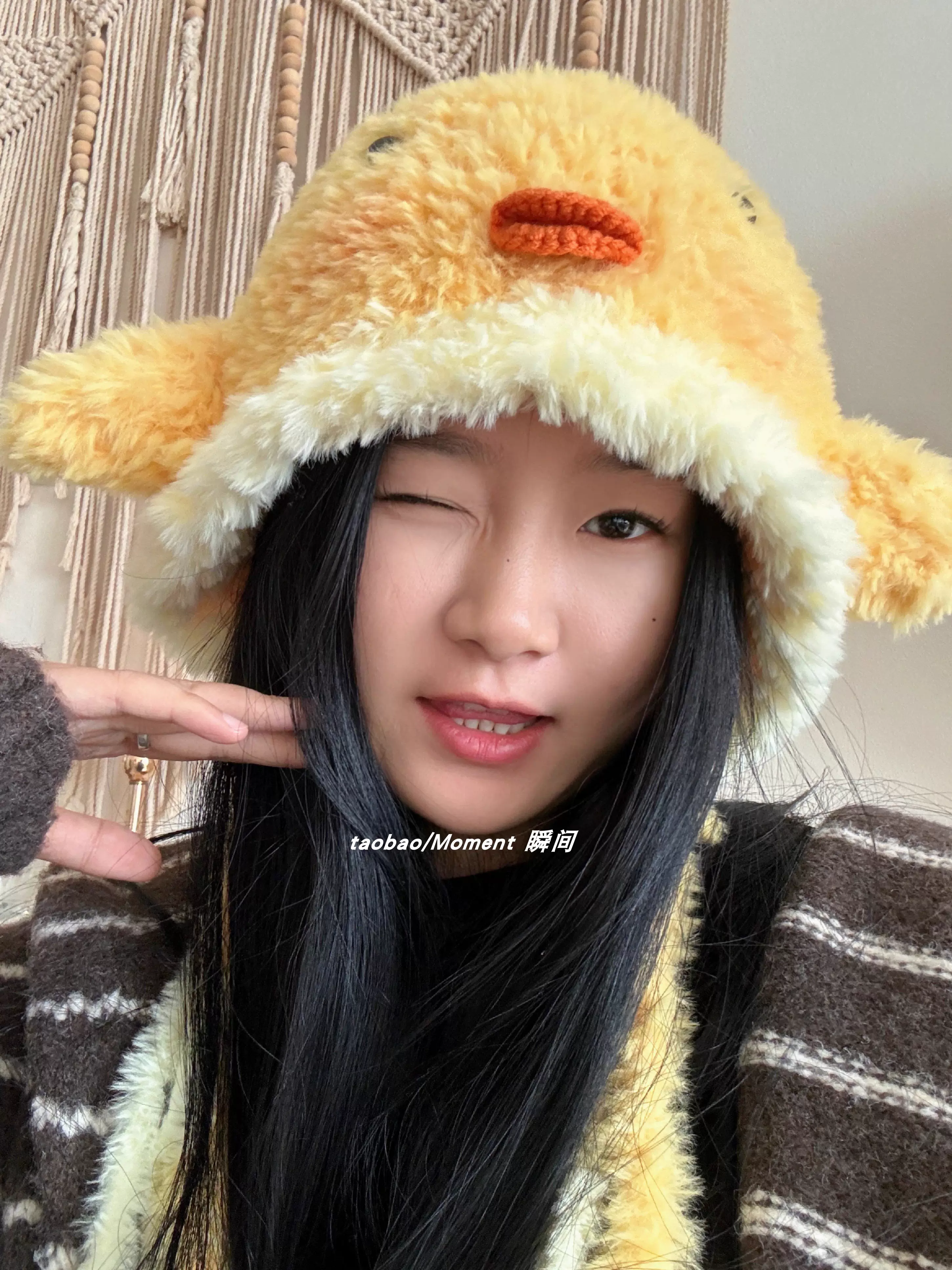 小黄鸭可爱毛绒绒软糯亲肤不扎可爱帽子显脸小秋冬护耳保暖帽子新