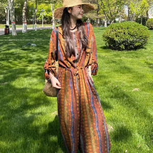 [Paper Man] HL cotton silk spring and summer design slimming long-sleeved loose Korean style round neck casual wide leg jumpsuit