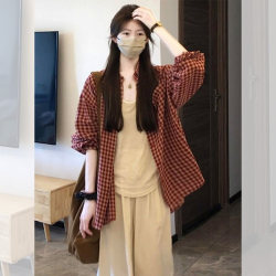 Red Plaid Outerwear Sun-Protective Loose Long-Sleeved Shirt for Women 2026 New Early Spring French Style Upper-Class Top
