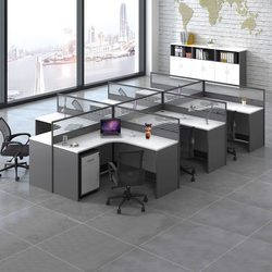 Staff Office Desk for 2/4/6 People, L-Shaped Partitioned Workstation with Screen Divider, Employee Desk and Chair Set