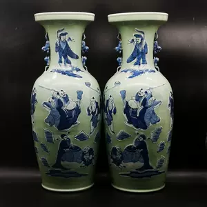 豆青釉 青花花鳥紋 天藍釉雙耳瓶 民国 中国古玩美術唐物擺件旧家蔵出 A320 豆青釉 青花花鳥紋 天藍釉雙耳瓶 民国 中国古玩美術唐物