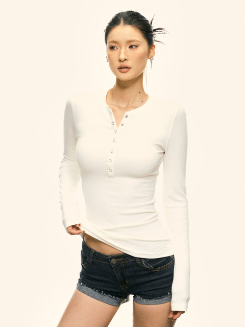 Aaisup American Henry Neck Long Sleeve T-shirt for Women 2025 Spring New Hot Girls Slim and Slim and Versatile Base Shirt