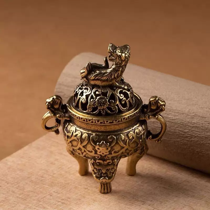 铜香炉仿古三足双耳香薰炉带盖子貔貅鼎手把件麒麟铜小香炉礼品-Taobao 