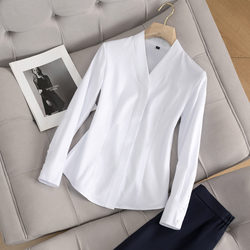 White V-Neck Shirt for Women, Formal Long-Sleeve 2026 New Style Hotel Work Uniform, Business Stewardess Collarless Professional Shirt