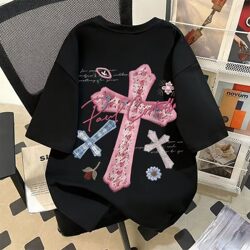 100% Pure Cotton American Style Popular Short-Sleeved T-Shirt Summer Loose Trendy Cross Letter Print Unisex Half-Sleeve Top