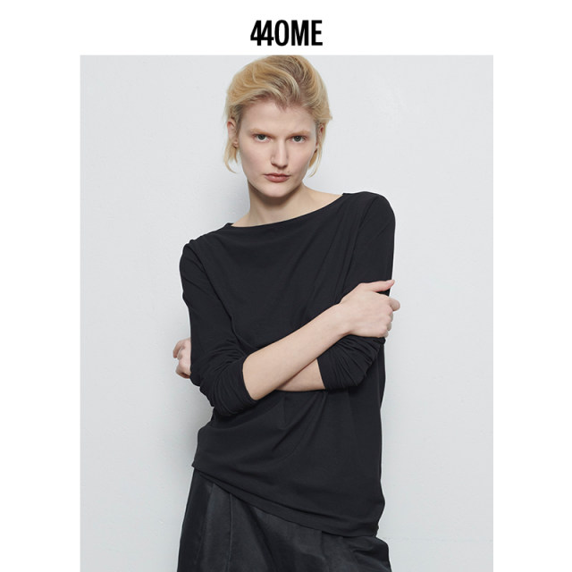 440ME Women's Clothing New Autumn Classic Black Elegant Small One-Line Collar Top Slim Base Long Sleeve T-shirt