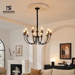 French Country Retro Living Room Chandelier, Bedroom Dining Room Lamp, American Solid Wood Vintage Wabi-Sabi Style Bungalow Candle Lamp