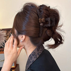 Korean Style Bear Leopard Print Fabric Large Hair Claw Clip for Women, High-End Feel, Back of the Head Updo Shark Clip, Suitable for Thick Hair