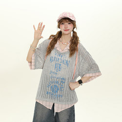 Yikojia American Retro Fake Two-Piece Tie Shirt Short-Sleeved High-End Casual Korean Style Loose Hollow Shirt