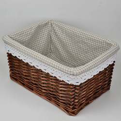 Storage Basket, Rattan Storage Basket, Wicker Basket, Kitchen Snack Basket, Country-Style Fabric Box, Coffee Brown Checkered Linen