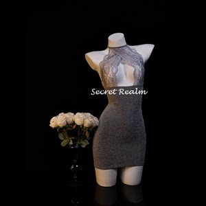 
Secret Realm Gray Erotic Letter Sexy Night Dress Lace Hollow Underwear Emotional Temptation Body Dress Pure Desire QQny