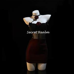 
Secret Realm Rose Sexy Butt Night Dress Hollow Lace Perspective Mesh Sling Neck Hatch Rose Pure Desire QQny