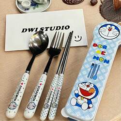 Cute Portable Spoon and Chopsticks Set, Student Stainless Steel Cutlery Set, Spoon, Fork, and Chopsticks Three-Piece Set with Travel Storage Box