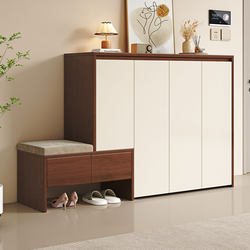 Solid Wood Shoe Cabinet Storage Cabinet Integrated Against the Wall 2025 New Model Home Entrance Ultra-Thin Shoe Cabinet with Integrated Bench