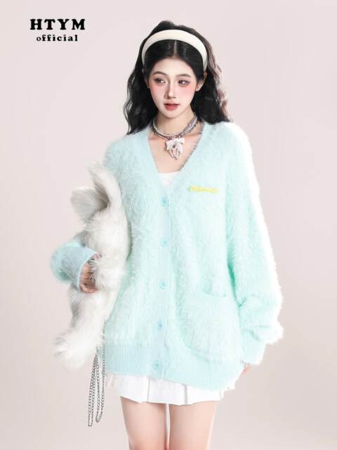 HTYM snow top mousse mohair cardigan knit sweater women autumn and winter mink velvet lazy style jacket top