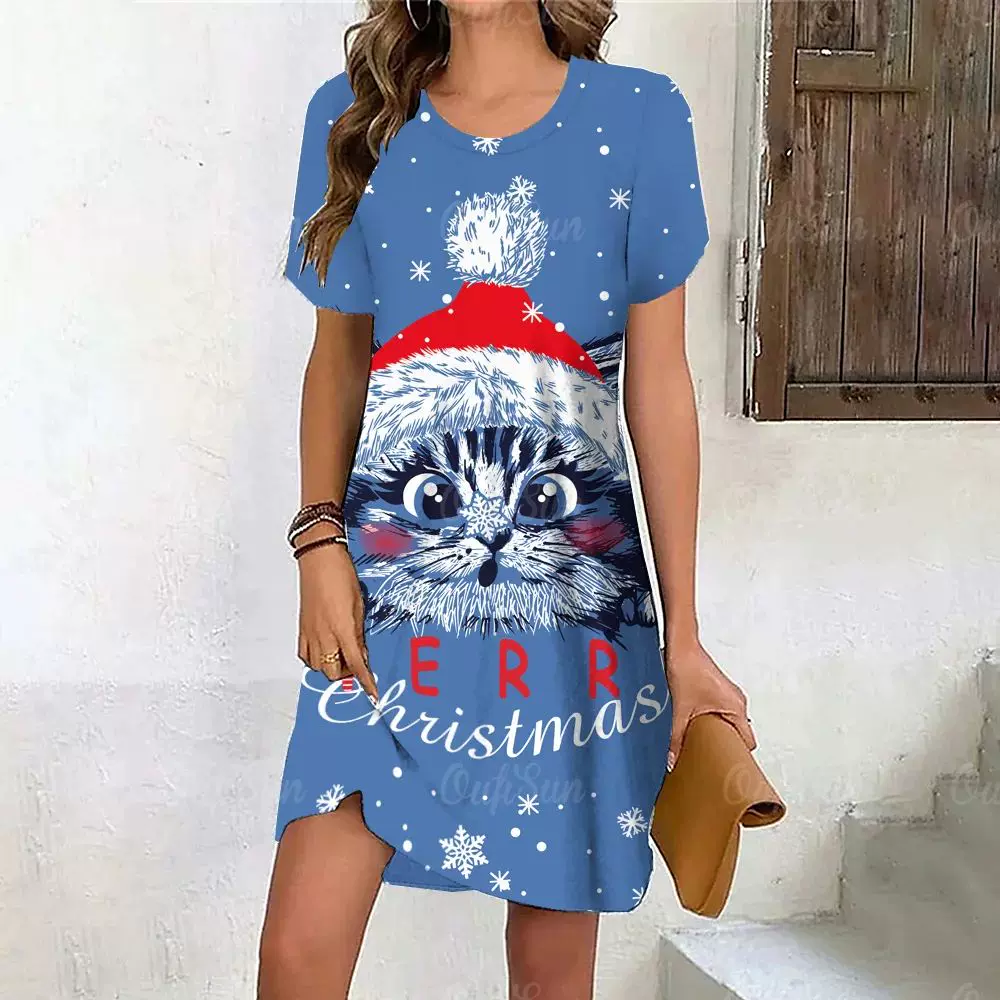 Cat print 2025 christmas dress