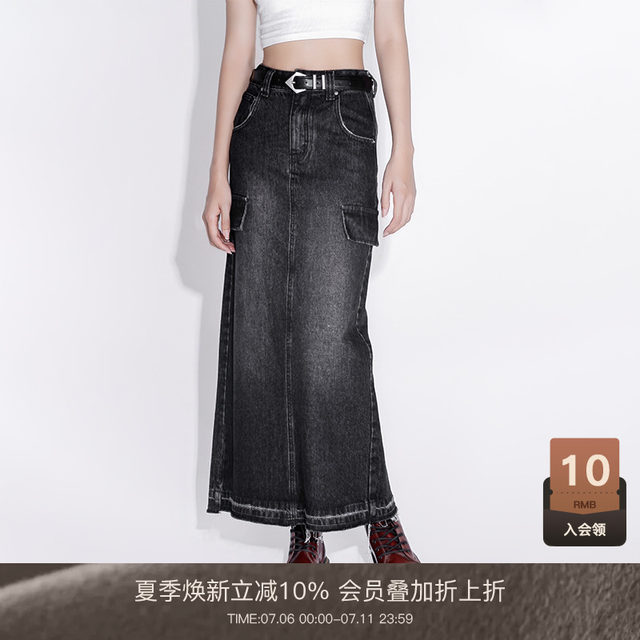 LOUZING high-waisted old black denim skirt for women 2025 spring and summer style rear slit mid-length straight skirt