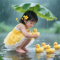 Flat Sticker Art of a Girl Playing in the Rain, Self-Adhesive, Waterproof, Decorative for Indoor Walls, Bedroom, Study, Bathroom, Healing Style