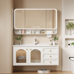 French-Style Cream-Colored Bathroom Cabinet with Smart Ceramic Integrated Basin, Bathroom Sink, Washbasin, and Cabinet Combination