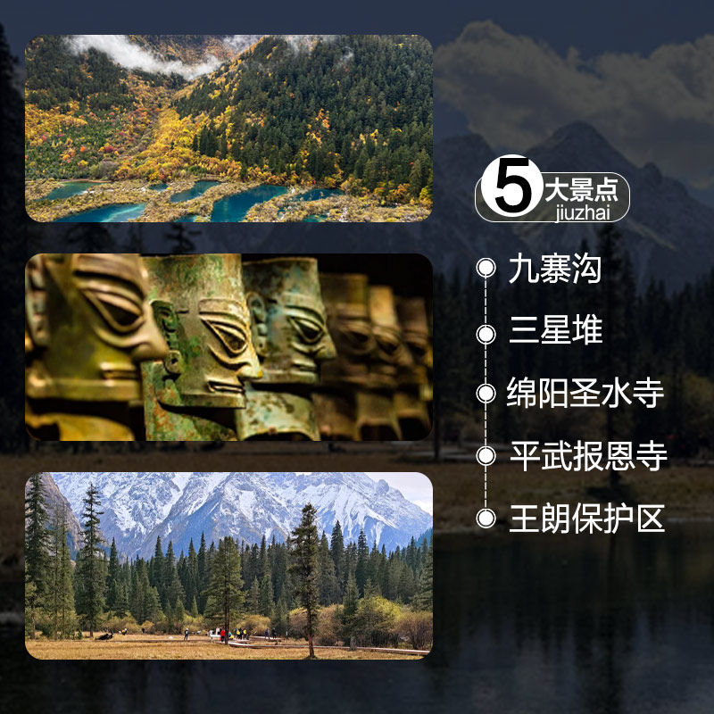 私家小团成都九寨沟5日游九寨沟三星堆王朗保护区报恩寺5天4晚游