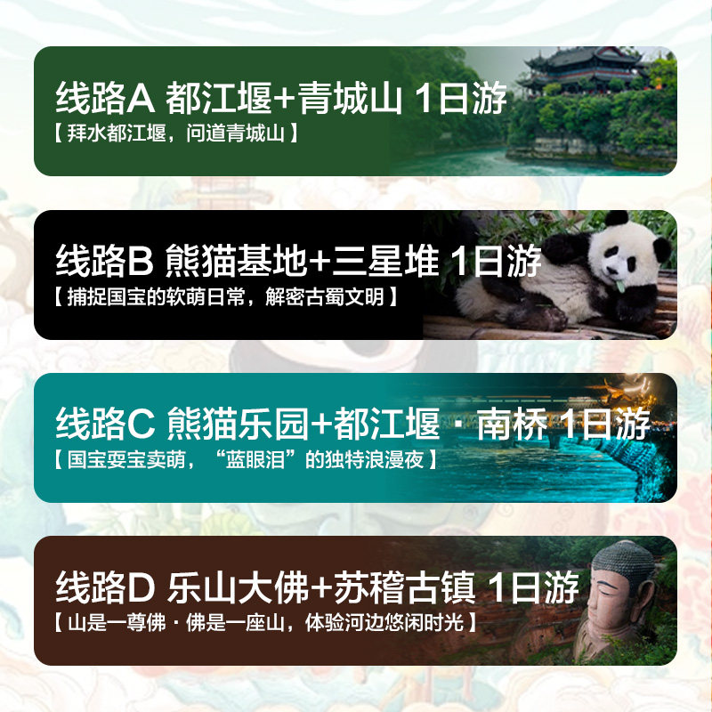 一单一团成都周边1日游三星堆都江堰熊猫乐山大佛青城山1天跟团游