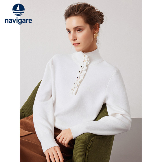 
Navigare Italian small sailing boat white pullover turtleneck sweater for women in winter new casual knitted base shirt