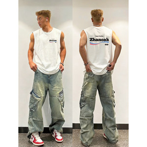 
Summer heavyweight pure cotton fashion trend letter slogan waistcoat vest men's high street west coast American style sleeveless top