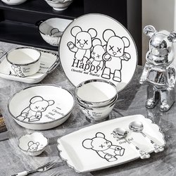 Nordic Light Luxury Popular Bear Ceramic Bowl, Plate, and Spoon Set ins - Children's Cartoon, Simple, Stylish, High-End Feel for Home Use