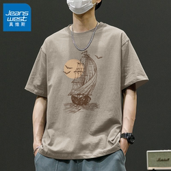 Jeanswest Retro American-Style Short-Sleeve T-Shirt for Men 2025 New Gray-Brown Casual Loose Summer Pure Cotton Half-Sleeve Clothing X