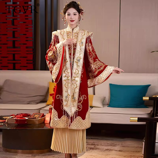 百鳥朝鳳披風 白赤金色ロングアウター　中国伝統衣装　織錦　西陣織　結婚式明製漢服 百鳥朝鳳披風 白赤金色ロングアウター 中国伝統衣装 織錦 西陣織 結婚