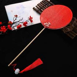 Gold-Stamped Round Fan with Branch-Shaped Appliques, Red Traditional Fan with Long and Short Handles, Children's Performance Fan, Tanshuihe Dance Fan