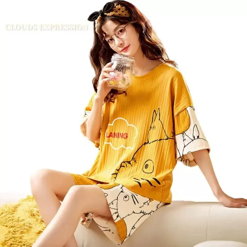 Summer new Women Pyjamas Cartoon Pajamas Sets Sleepwear Casu-Taobao