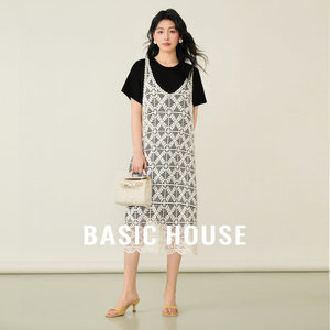 
Basic House/Baijiahao lace suspender splicing wave style fake two-piece long skirt summer new style