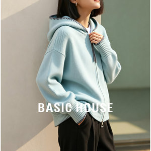 
Basic House/Baijiahao hooded knitted sweater cardigan women's 2026 winter loose casual short coat