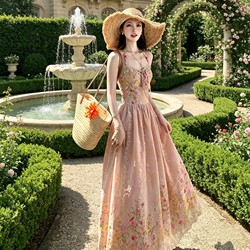 Hand-Embroidered Halter Neck Dress, Exquisite Long Dress with Floral Design, Vacation Travel Waist-Cinching Design, Floral Dress