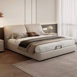 Modern Minimalist Double Bed with Elephant Ear Design, Genuine Leather, Storage, Suitable for Small Apartments, Master Bedroom, Wedding Bed