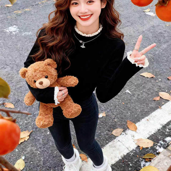 花边拼接半高领打底衫女秋冬双面磨毛修身设计感内搭AK