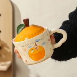 Jingdezhen Good Luck Orange Ceramic Cup with Lid Cute Cat Mug New Year Gift with Carrying Box for Office
