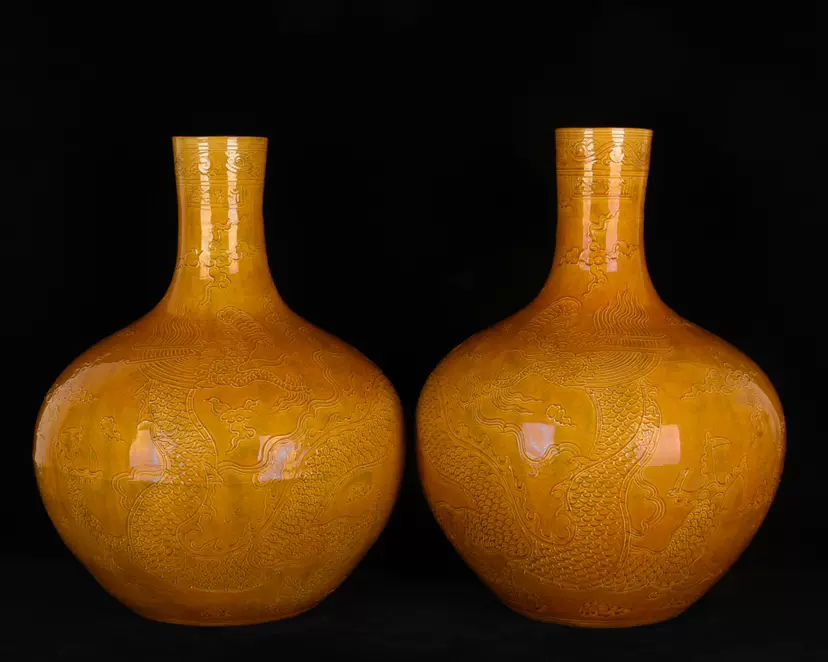 明永乐鸡油黄釉雕刻海水云龙纹天球瓶古董古玩古瓷器收藏-Taobao