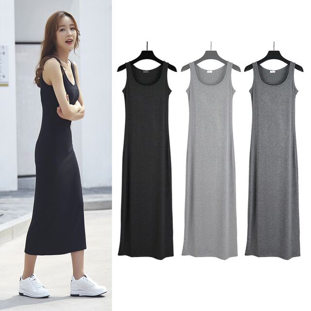 2024 new large-size sleeveless suspender dress summer A small fresh round neck mid-length black vest long skirt