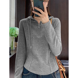 Hoodie for Women 2024, Hooded Base Layer Top, Early Autumn New Style, Inner Wear for Spring and Autumn, Solid Color Slim-Fit Sweatshirt, Short Top