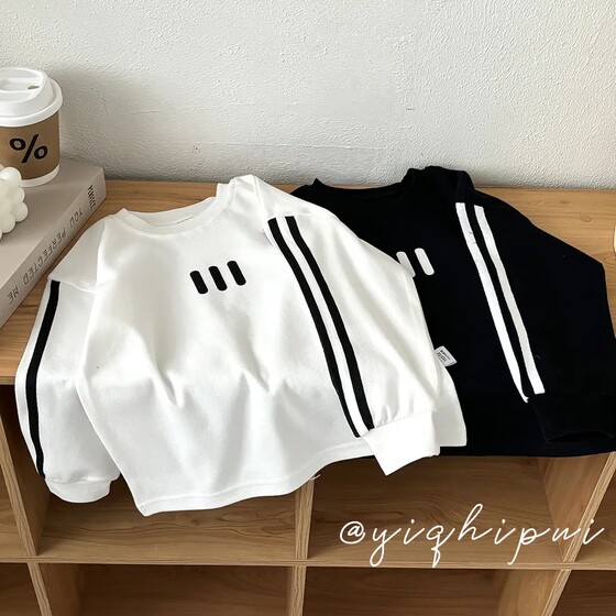 
Children's long-sleeved bottoming shirt, spring and autumn, baby boy, fashionable three-stripe cotton round neck T-shirt, versatile and sports trend