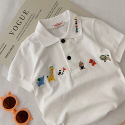 Boys' Pure Cotton Short-Sleeved Polo Shirt, New Summer Style, Children's Stylish Embroidered Cartoon Lapel T-Shirt, Versatile Top