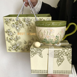 Jingdezhen Pastoral Style Retro Green Wind Chime Coffee Cup and Saucer with Lid, Large Capacity Ceramic Water Cup for Women