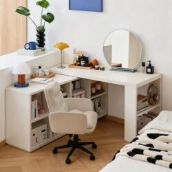 Solid Wood Bedroom Corner Desk and Bookshelf Integrated Against the Wall, Partition Corner Table for Home Study and Writing, L-Shaped Office Desk
