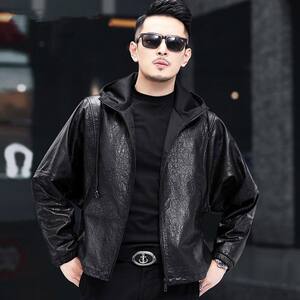 
Haining hooded leather jacket sweatshirt for men's youth leather jacket loose short 2025 autumn and winter new hooded jacket