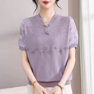 
[Corn Exclusive] Summer base layer loose thin knitted national style top T-shirt 2393