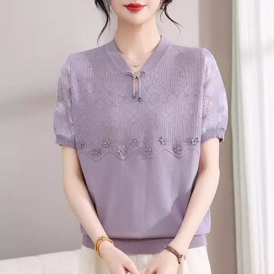 
[Corn Exclusive] Summer base layer loose thin knitted national style top T-shirt 2393