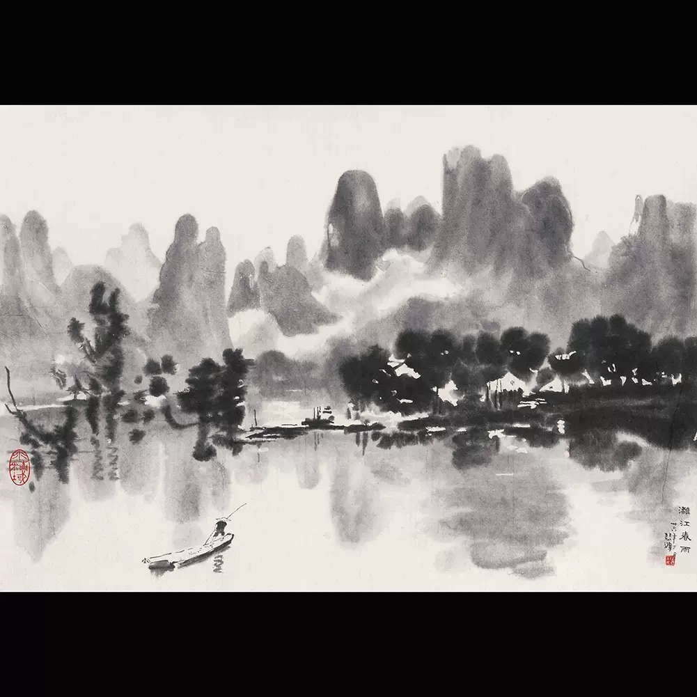 手绘桂林山水画水墨风景油画-徐悲鸿漓江春雨-美院教师手工装饰画